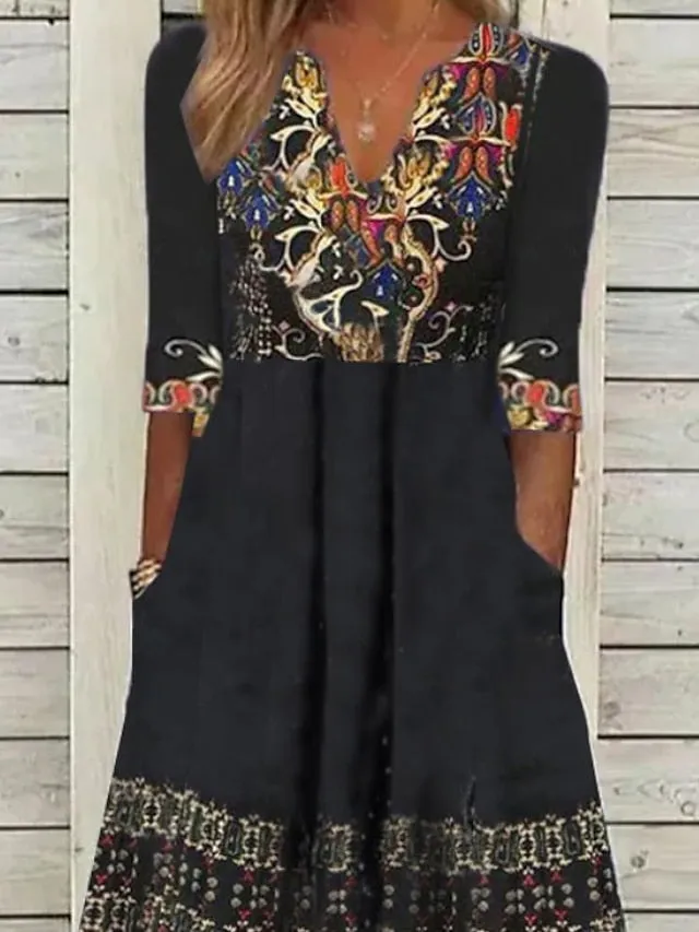 Casual Dress Holiday Dress Ethnic Dress Midi Dress Black Half Sleeve Geometric Print Summer Spring V Neck Fashion Vacation  S M L XL XXL 3XL for Women