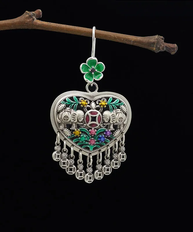 Casual Green Sterling Silver Heart Floral Tassel Drop Earrings LY2027