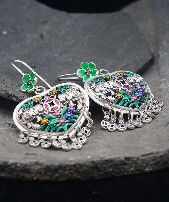 Casual Green Sterling Silver Heart Floral Tassel Drop Earrings LY2027