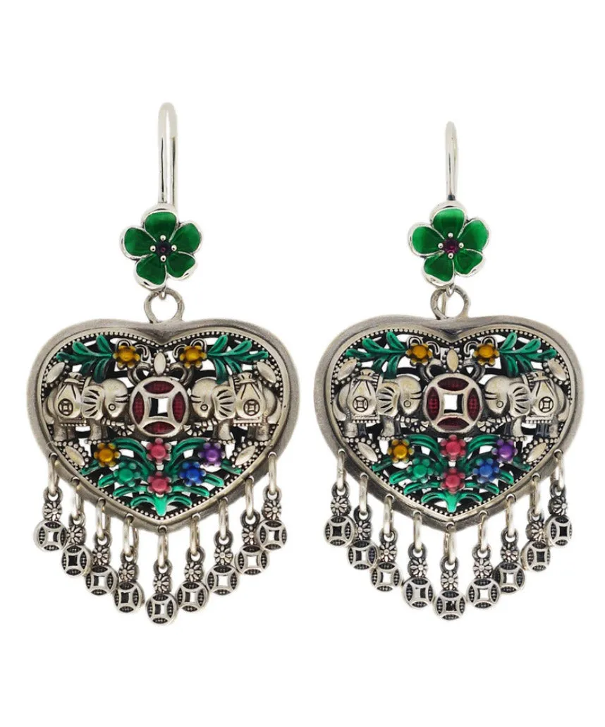 Casual Green Sterling Silver Heart Floral Tassel Drop Earrings LY2027
