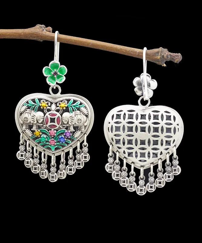 Casual Green Sterling Silver Heart Floral Tassel Drop Earrings LY2027