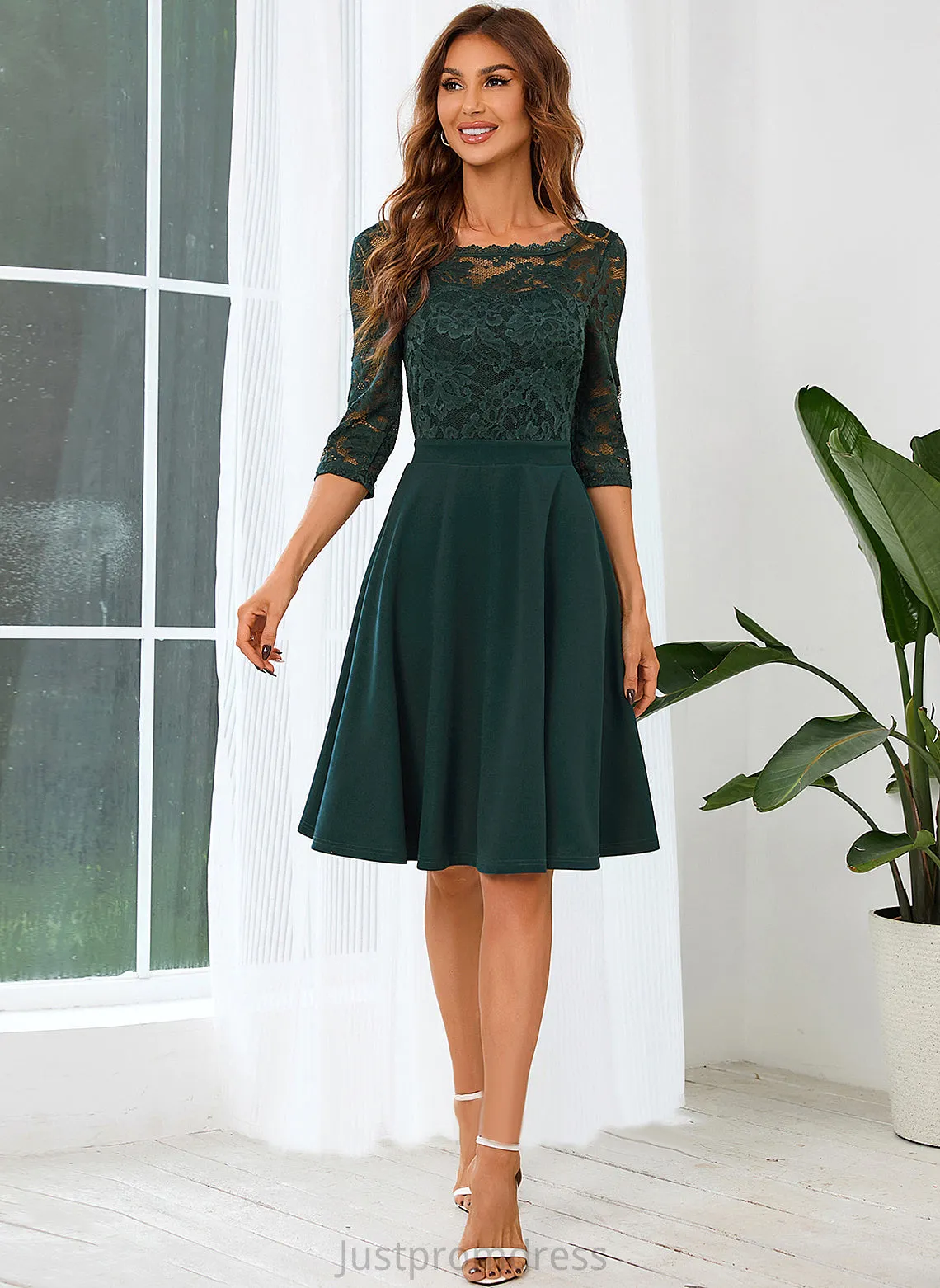 Club Dresses A-line Dresses Lace Mini 3/4 Lillie Blends Round Neck Cotton Sleeves Elegant