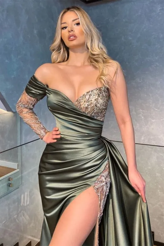 Elegant High Split One Shoulder Satin Prom Dresses Formal Sequins Evening Gowns with Long Sleeves