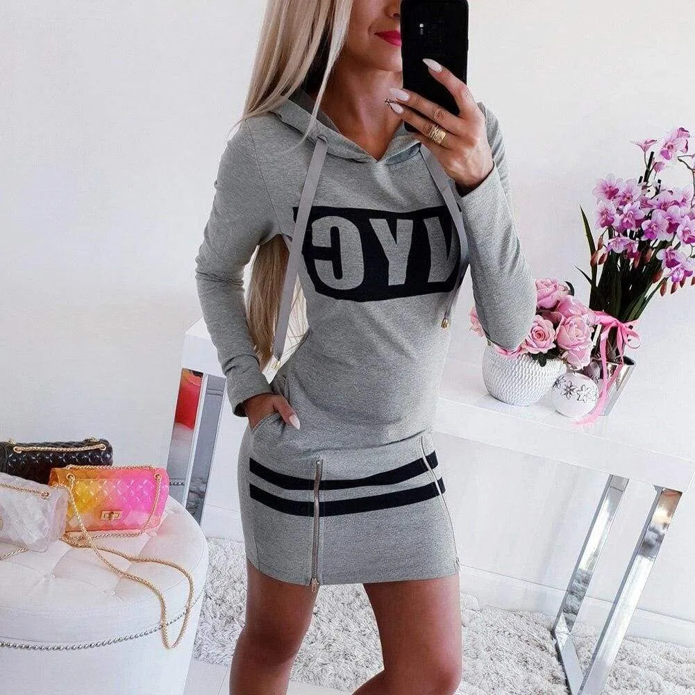 FashionSierra - Letter Print Hooded Long Sleeve Sweatshirt Dress Women Autumn Spring Loose Hoodie Casual Red Gray Black Clothes Shirt Dresses