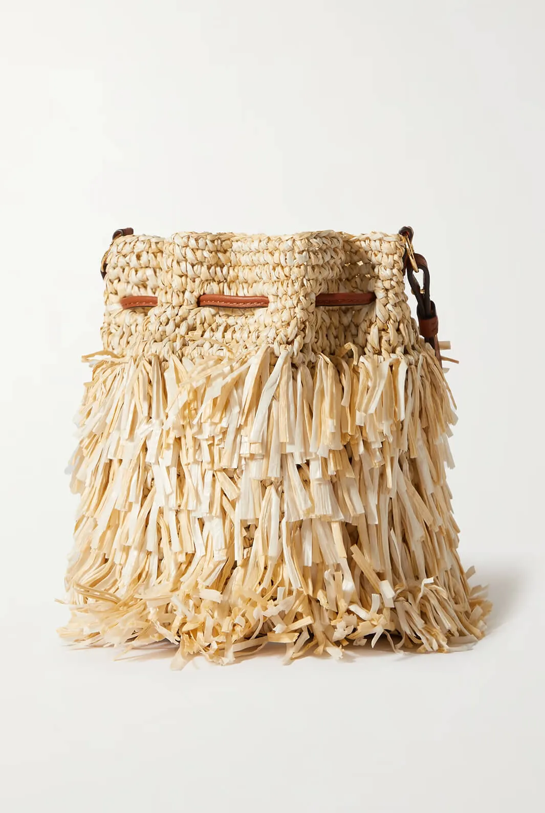 Gigi leather-trimmed fringed raffia bucket bag