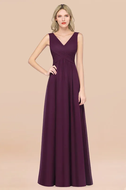 Glamorous Chiffon V-Neck Sleeveless Burgundy Bridesmaid Dress