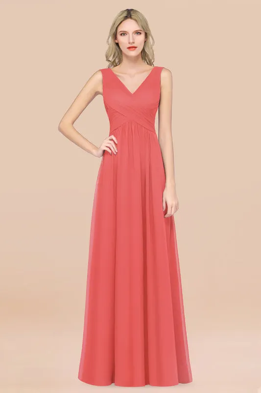 Glamorous Chiffon V-Neck Sleeveless Burgundy Bridesmaid Dress
