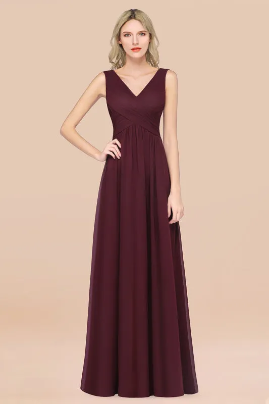 Glamorous Chiffon V-Neck Sleeveless Burgundy Bridesmaid Dress