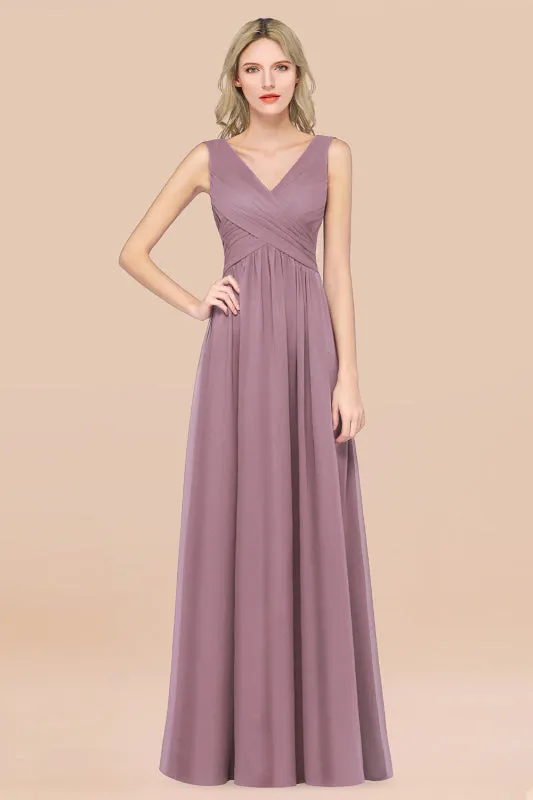Glamorous Chiffon V-Neck Sleeveless Burgundy Bridesmaid Dress