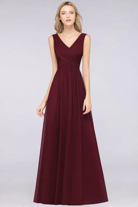 Glamorous Chiffon V-Neck Sleeveless Burgundy Bridesmaid Dress