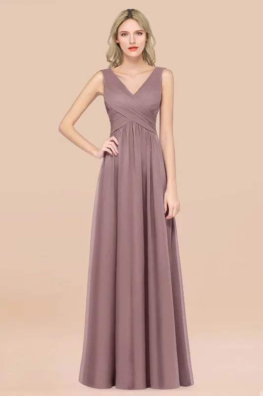 Glamorous Chiffon V-Neck Sleeveless Burgundy Bridesmaid Dress