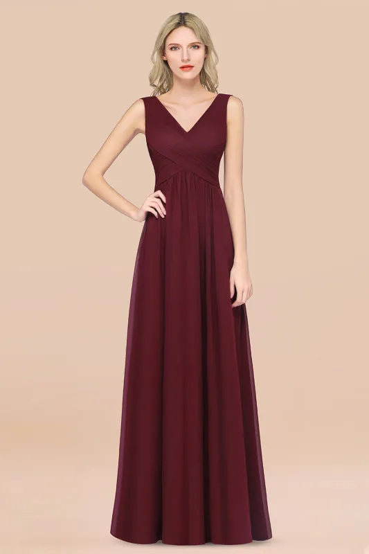 Glamorous Chiffon V-Neck Sleeveless Burgundy Bridesmaid Dress