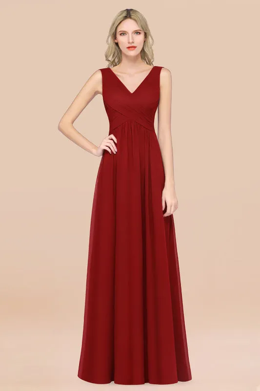 Glamorous Chiffon V-Neck Sleeveless Burgundy Bridesmaid Dress