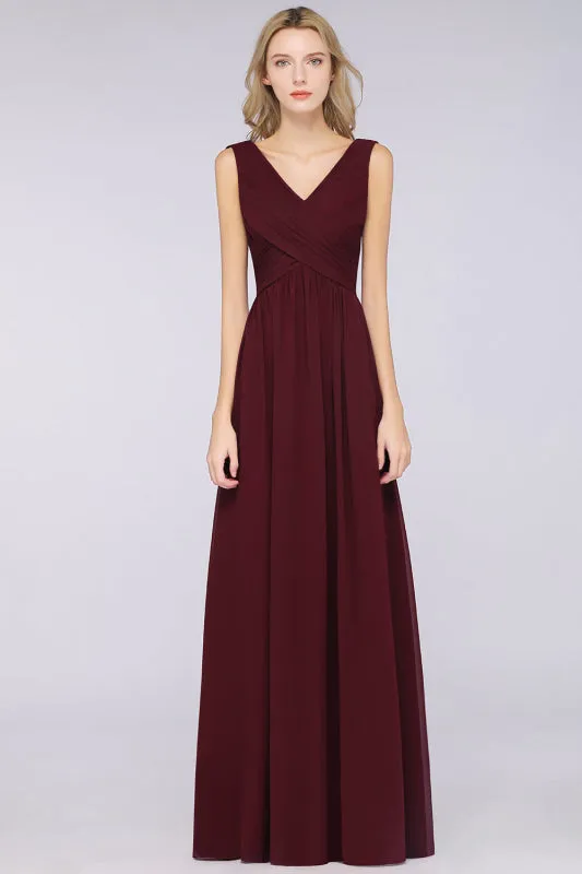 Glamorous Chiffon V-Neck Sleeveless Burgundy Bridesmaid Dress