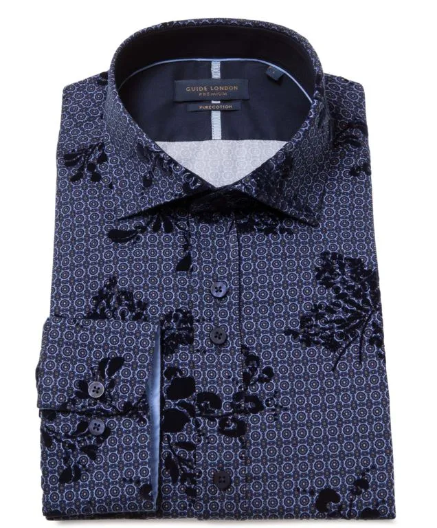 Guide London Floral Navy Flock Long Sleeve Shirt - Ls77016-Navy