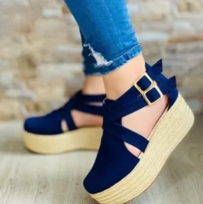 JOSKAA Summer Women's Vintage Wedge Heel Sandals Woman Buckle Strap Straw Thick Bottom Platform Flats Female Flock Ankle Straps Shoes