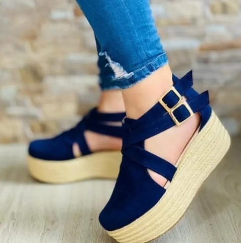 JOSKAA Summer Women's Vintage Wedge Heel Sandals Woman Buckle Strap Straw Thick Bottom Platform Flats Female Flock Ankle Straps Shoes