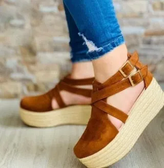JOSKAA Summer Women's Vintage Wedge Heel Sandals Woman Buckle Strap Straw Thick Bottom Platform Flats Female Flock Ankle Straps Shoes