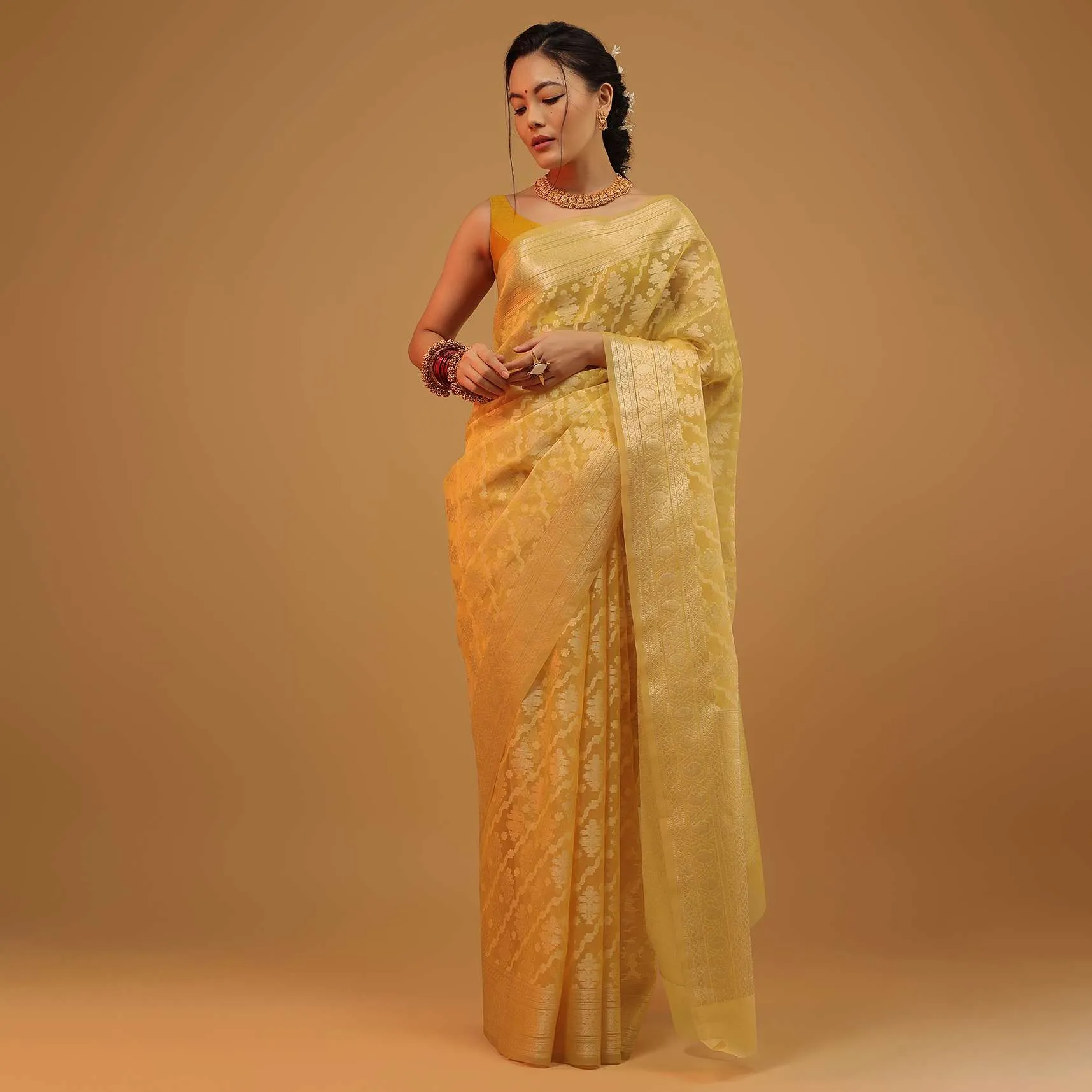 Marigold Yellow Saree In Cotton And Banarasi Chanderi Geometric Woven Pattern
