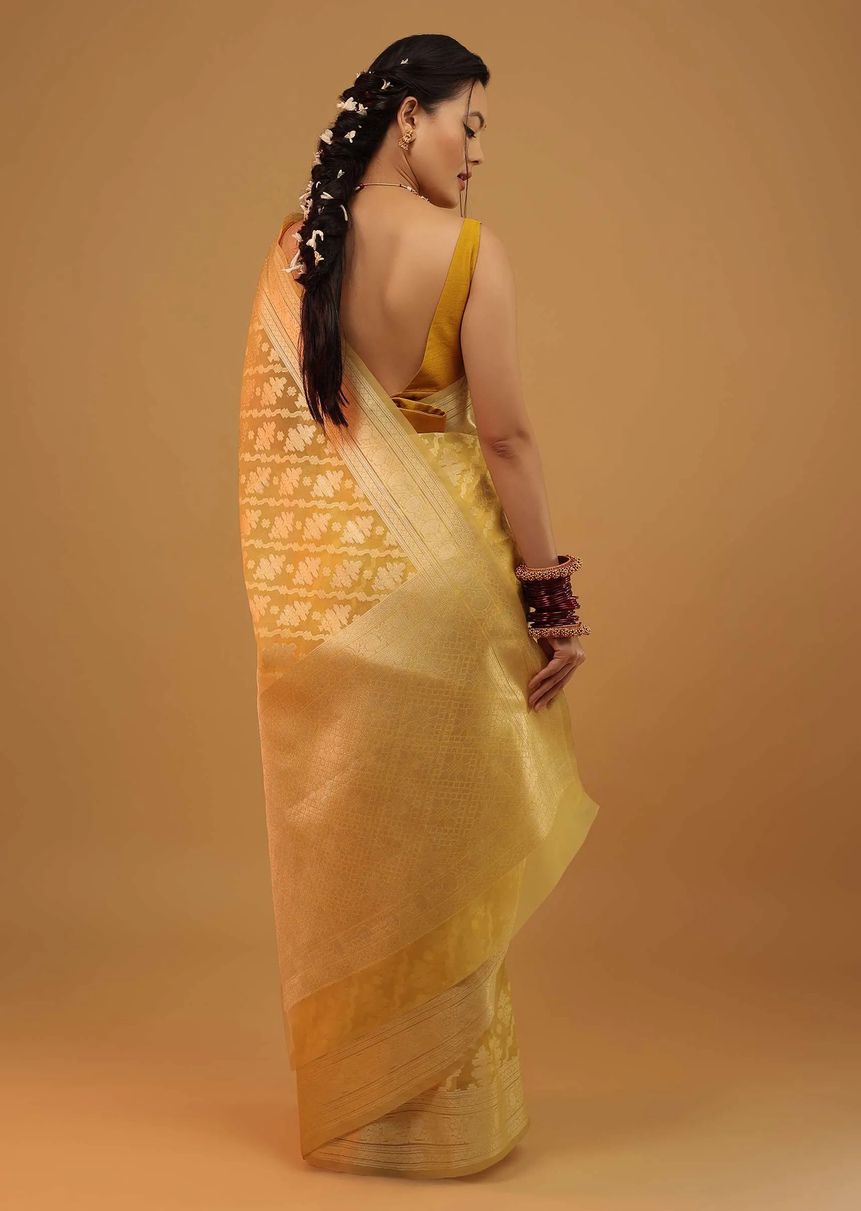 Marigold Yellow Saree In Cotton And Banarasi Chanderi Geometric Woven Pattern