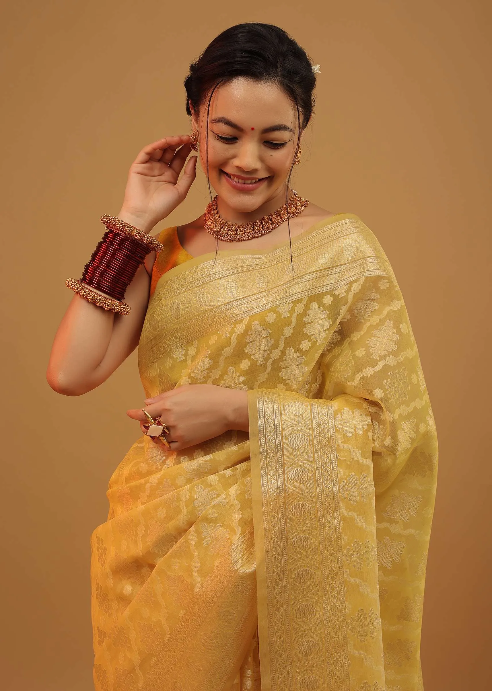 Marigold Yellow Saree In Cotton And Banarasi Chanderi Geometric Woven Pattern