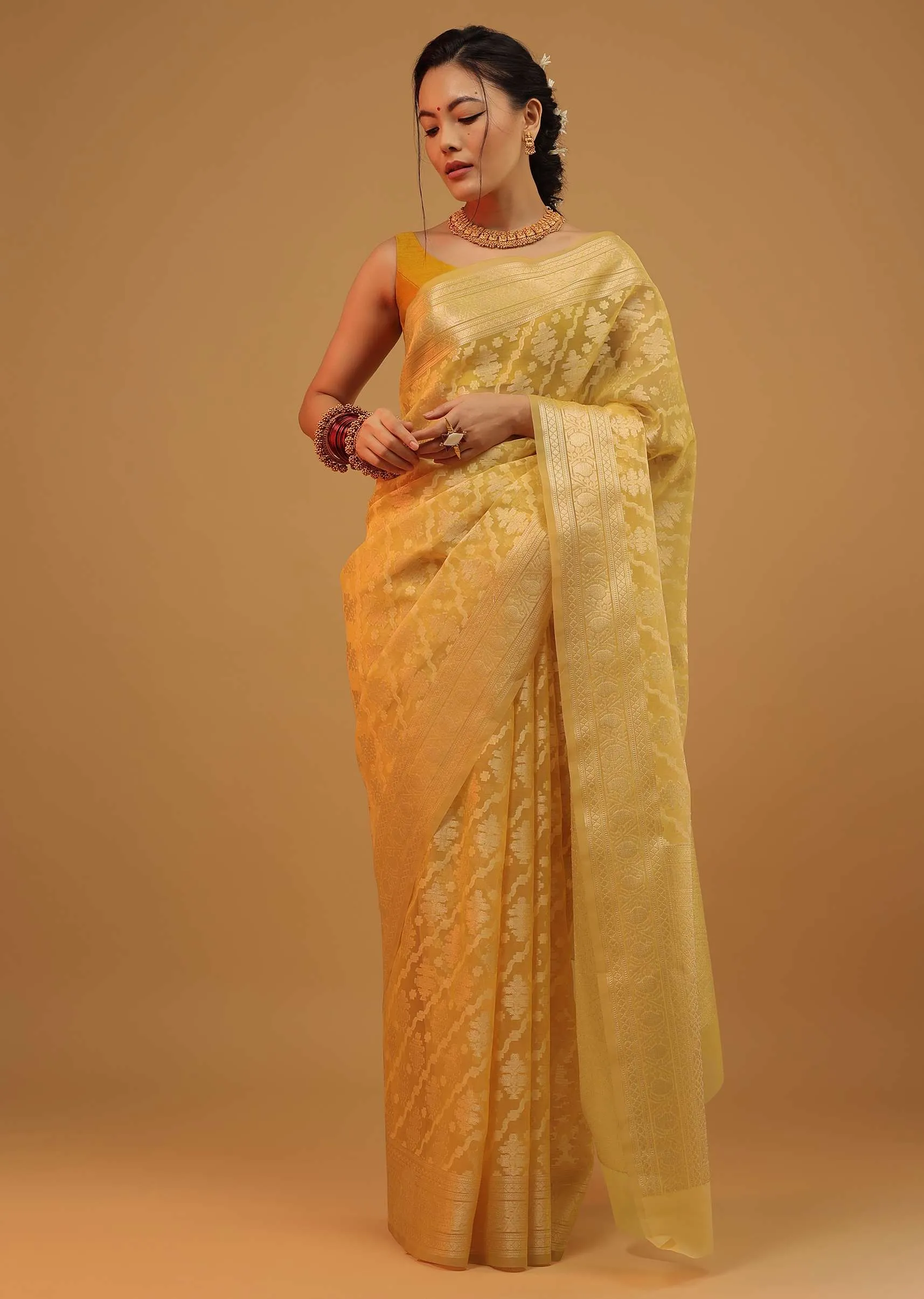 Marigold Yellow Saree In Cotton And Banarasi Chanderi Geometric Woven Pattern