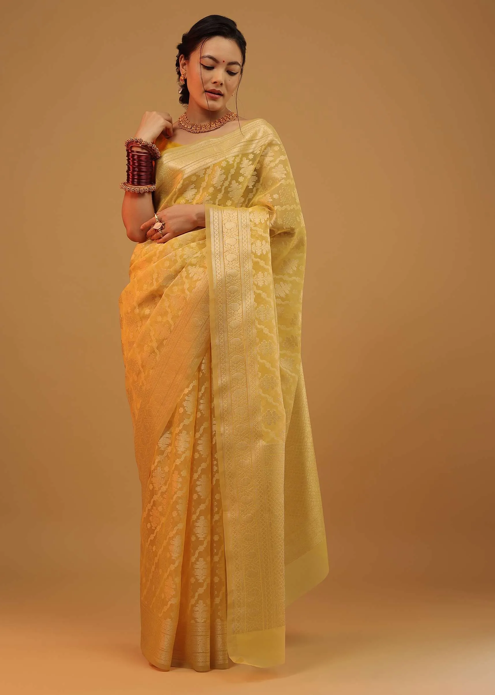 Marigold Yellow Saree In Cotton And Banarasi Chanderi Geometric Woven Pattern
