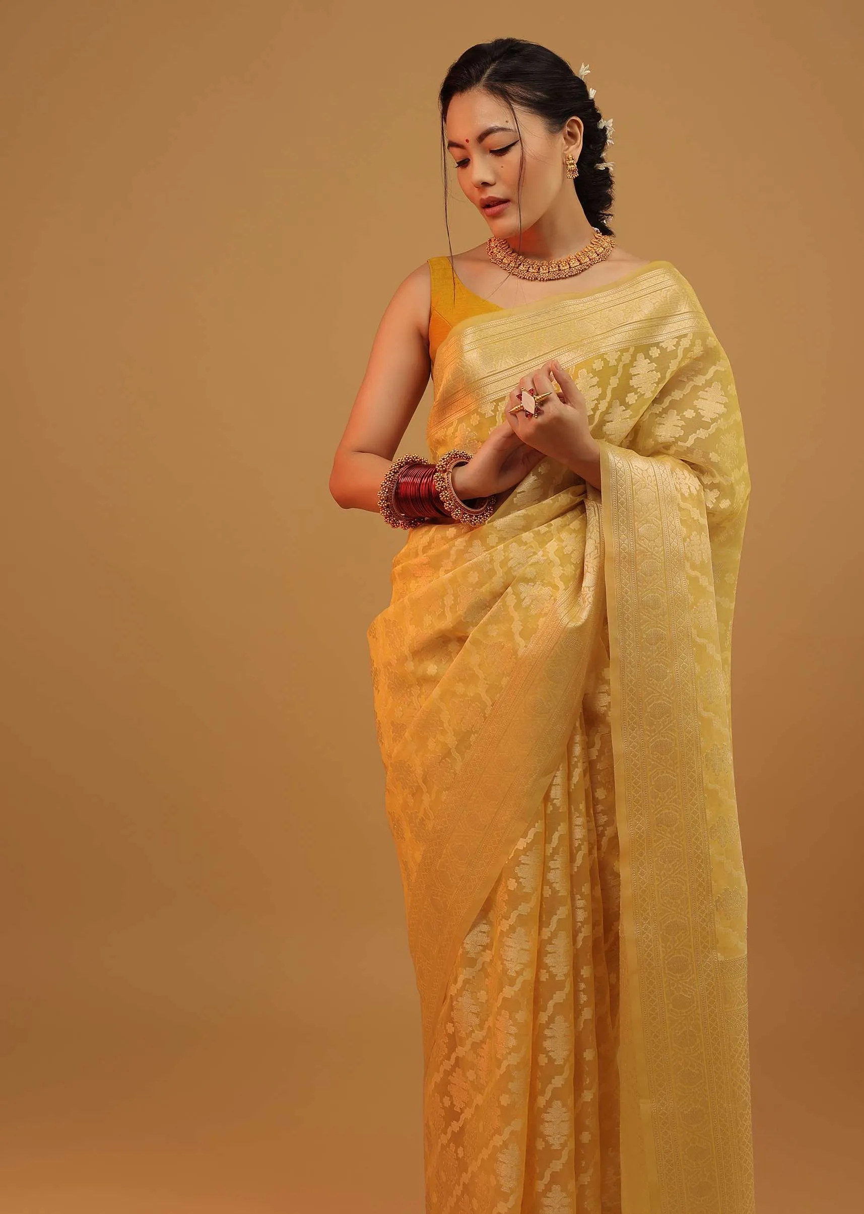 Marigold Yellow Saree In Cotton And Banarasi Chanderi Geometric Woven Pattern