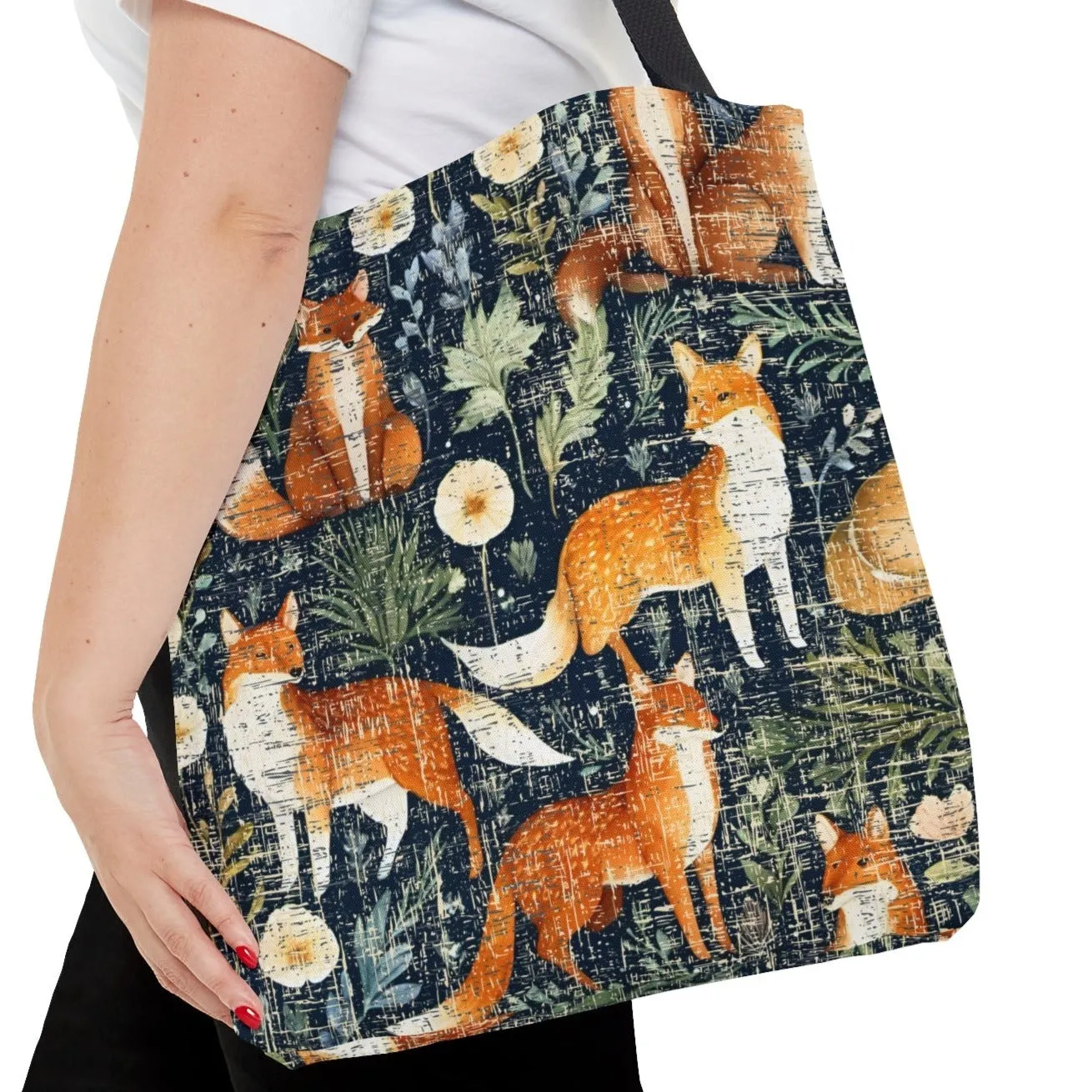 Medium Tote Bag with Foxes on Dark Floral Print