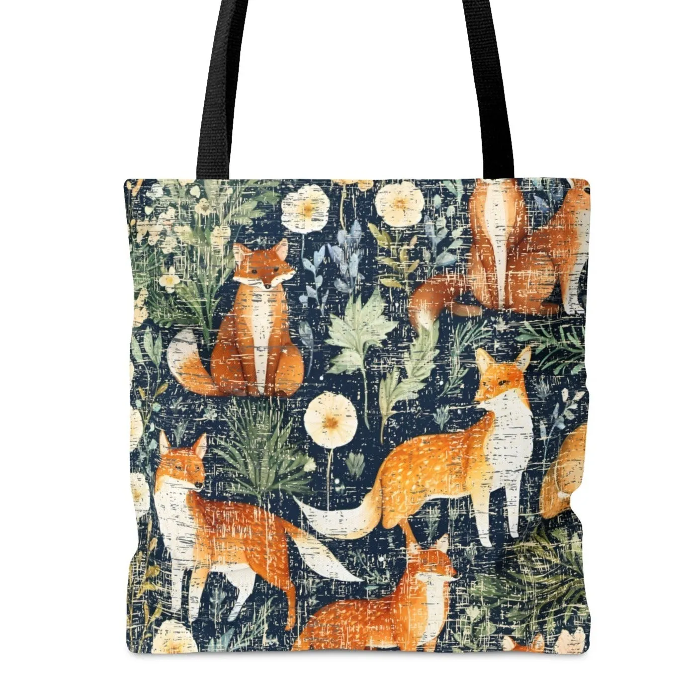 Medium Tote Bag with Foxes on Dark Floral Print