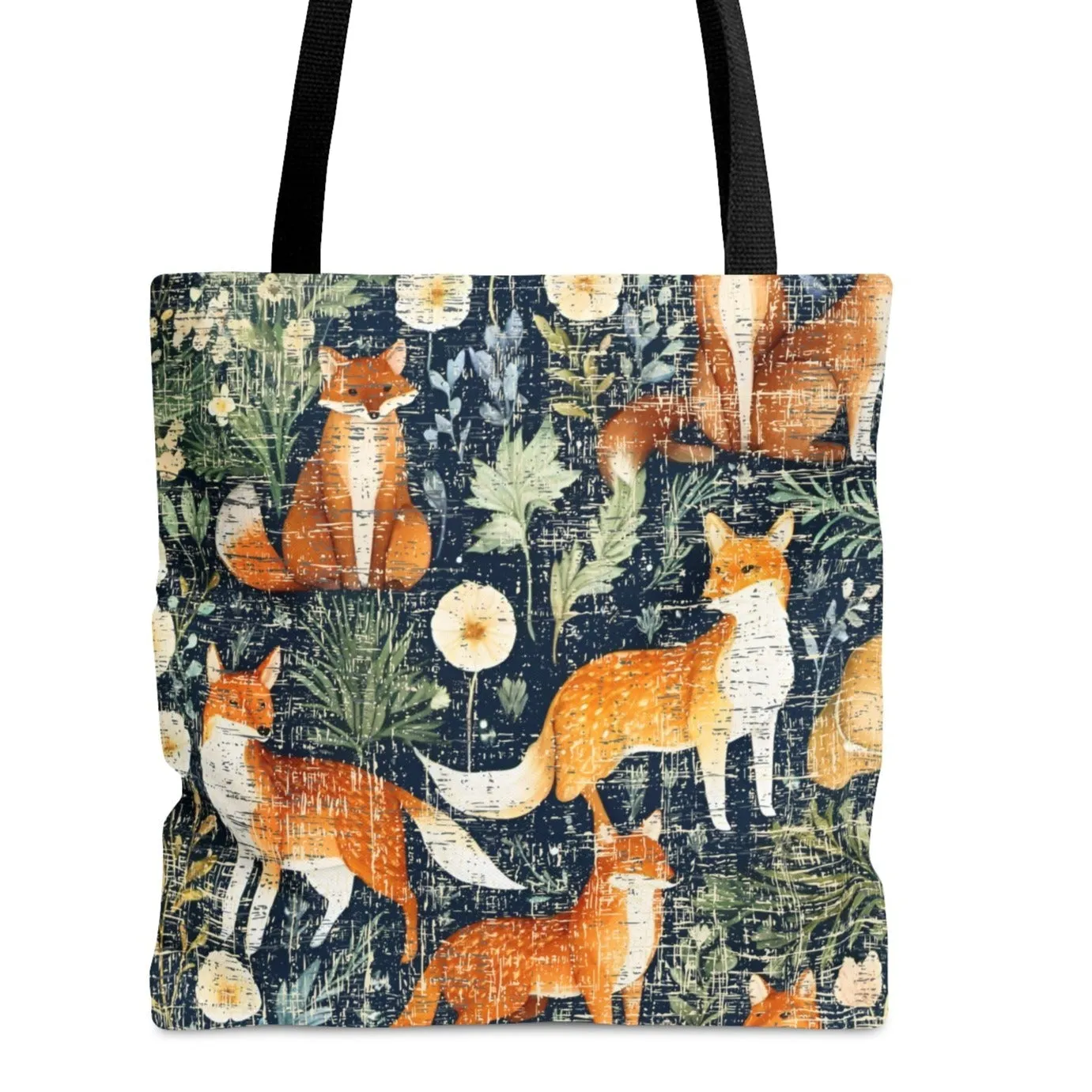 Medium Tote Bag with Foxes on Dark Floral Print