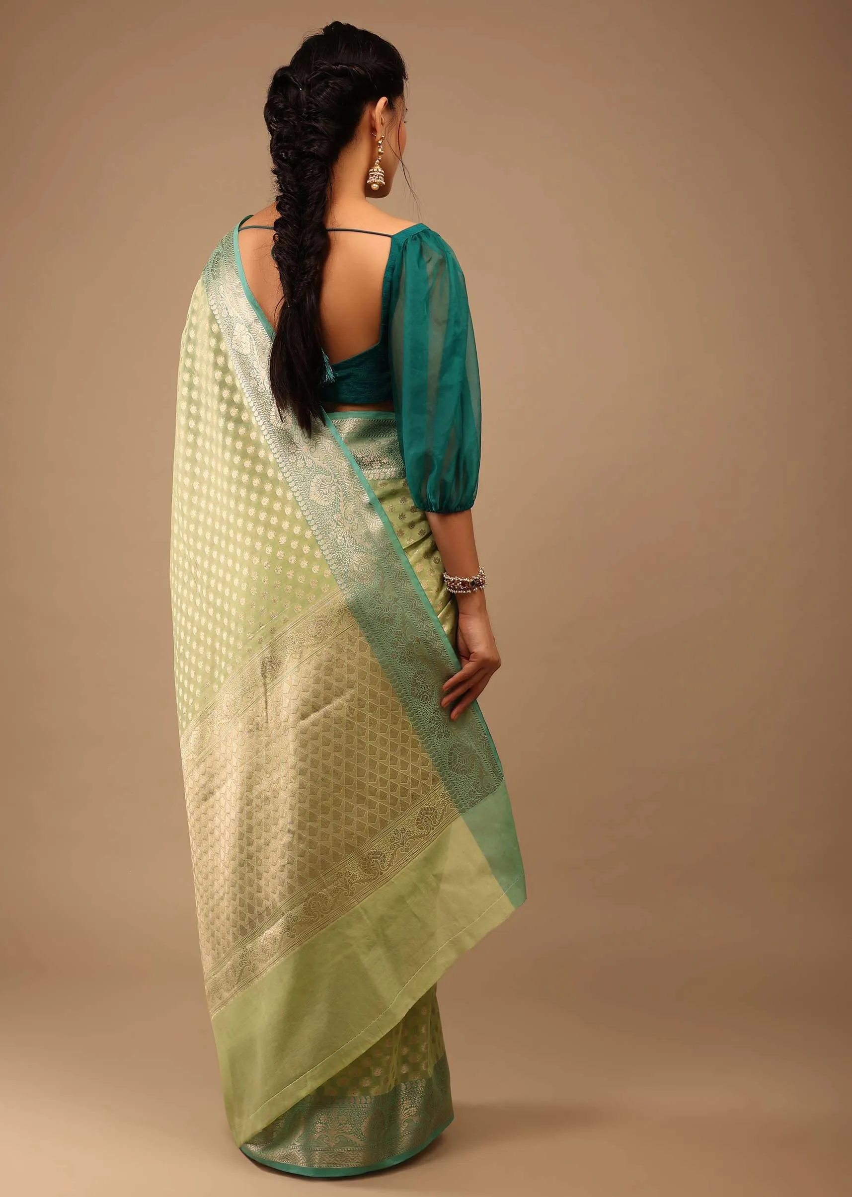 Mint Green Saree In Banarsi Chanderi And Pure Handloom Cotton