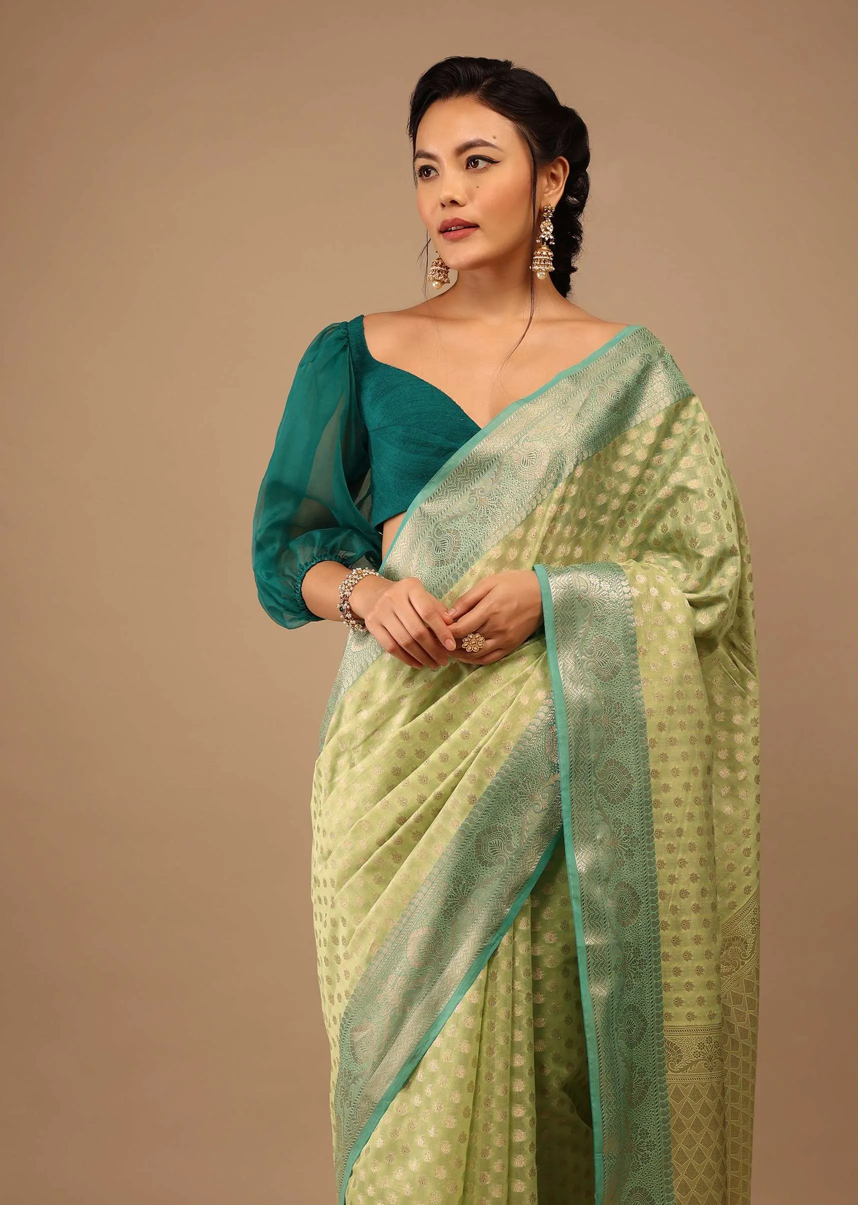 Mint Green Saree In Banarsi Chanderi And Pure Handloom Cotton
