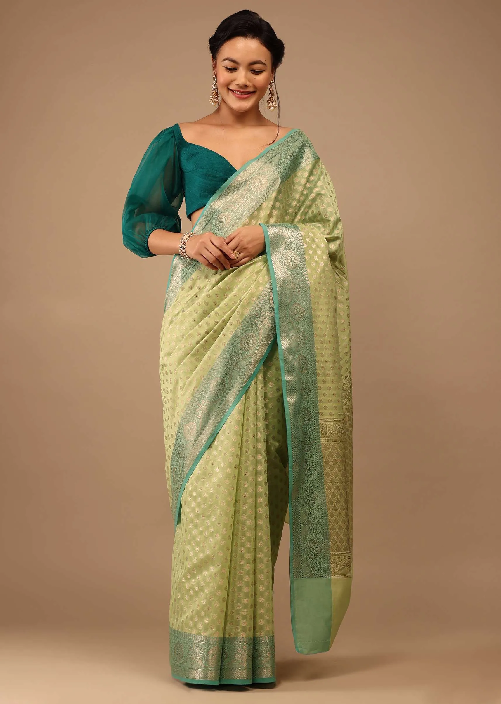 Mint Green Saree In Banarsi Chanderi And Pure Handloom Cotton