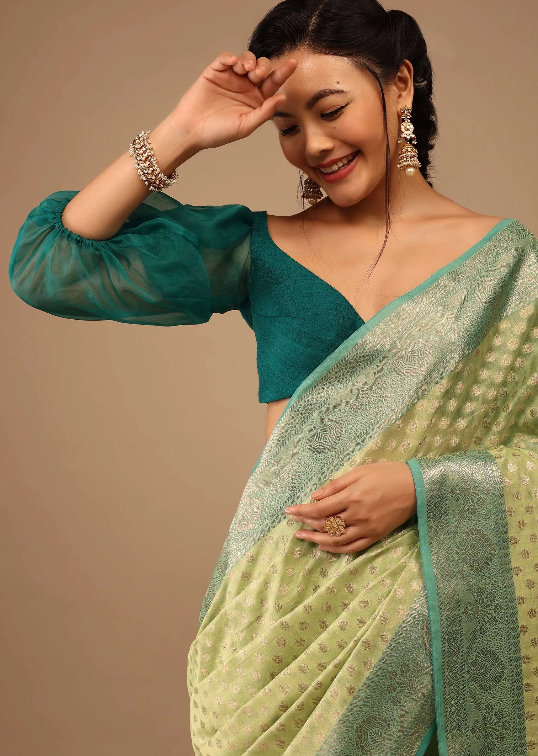 Mint Green Saree In Banarsi Chanderi And Pure Handloom Cotton