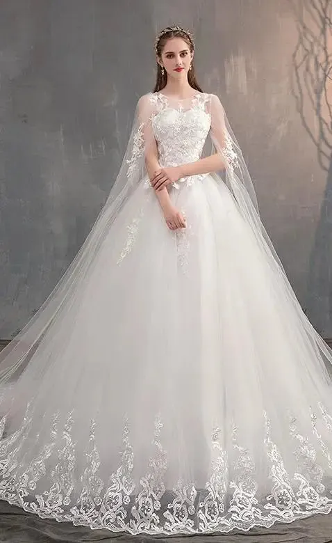 Princess Lace Embroidery With Long Train A Line Wedding Dress