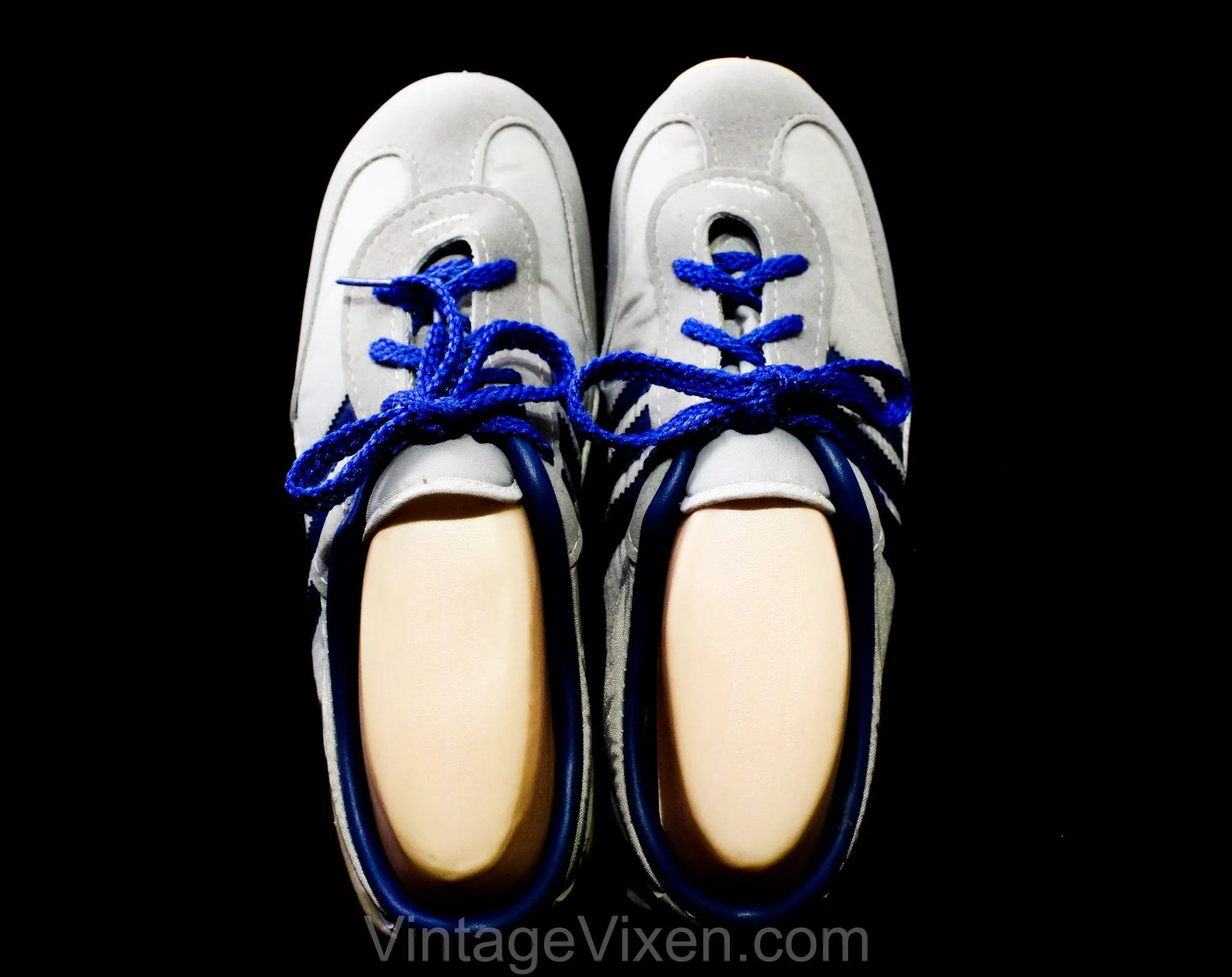 Size 6 Ladies 1970s Sneakers - Gray Athletic Shoes with Electric Blue Racing Stripes and Lace Up - Faux Leather & Canvas - 70s Deadstock