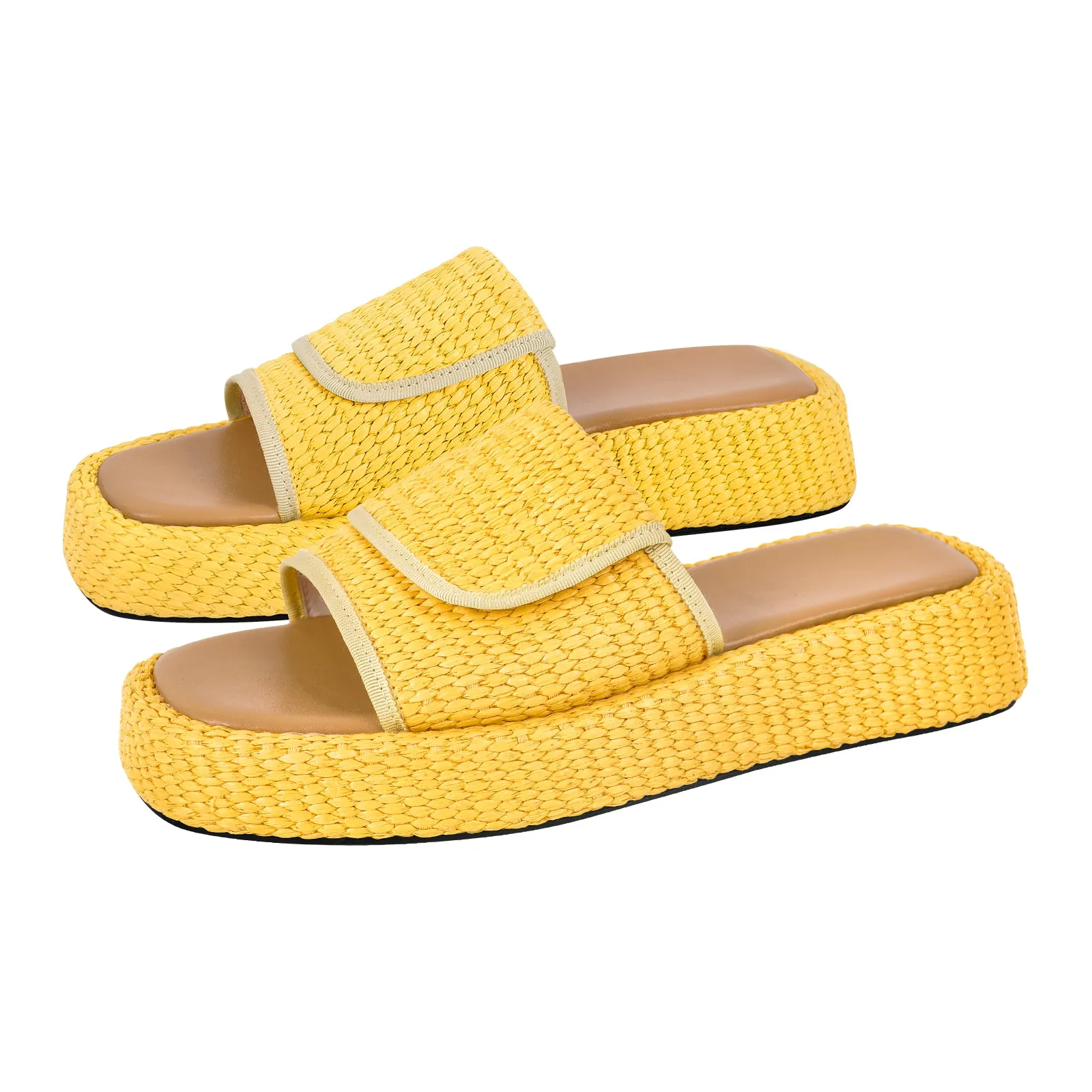 Straw Platform Square Toe Flats Slippers
