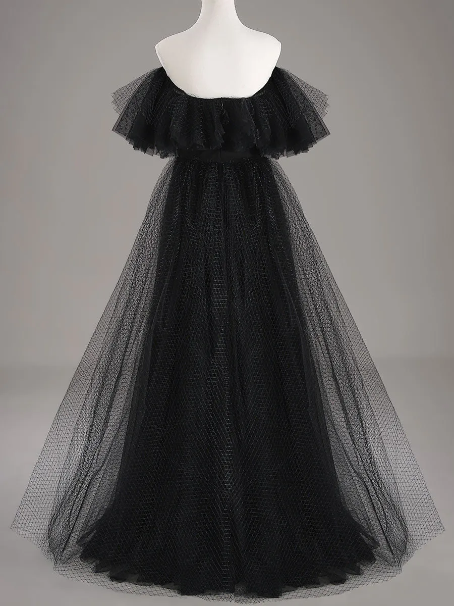Unique Black Wedding Dresses Mesh Tulle Sleeve flutter Gowns