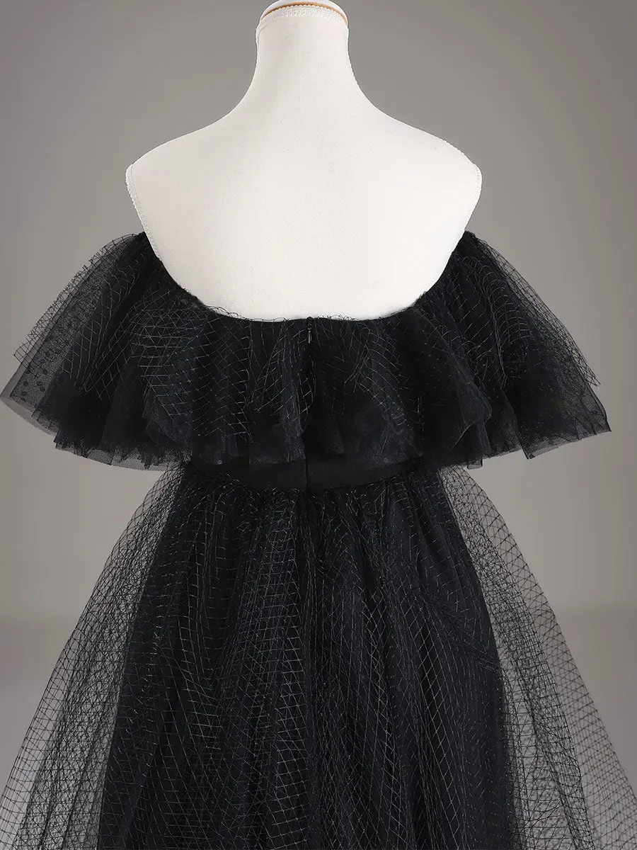 Unique Black Wedding Dresses Mesh Tulle Sleeve flutter Gowns