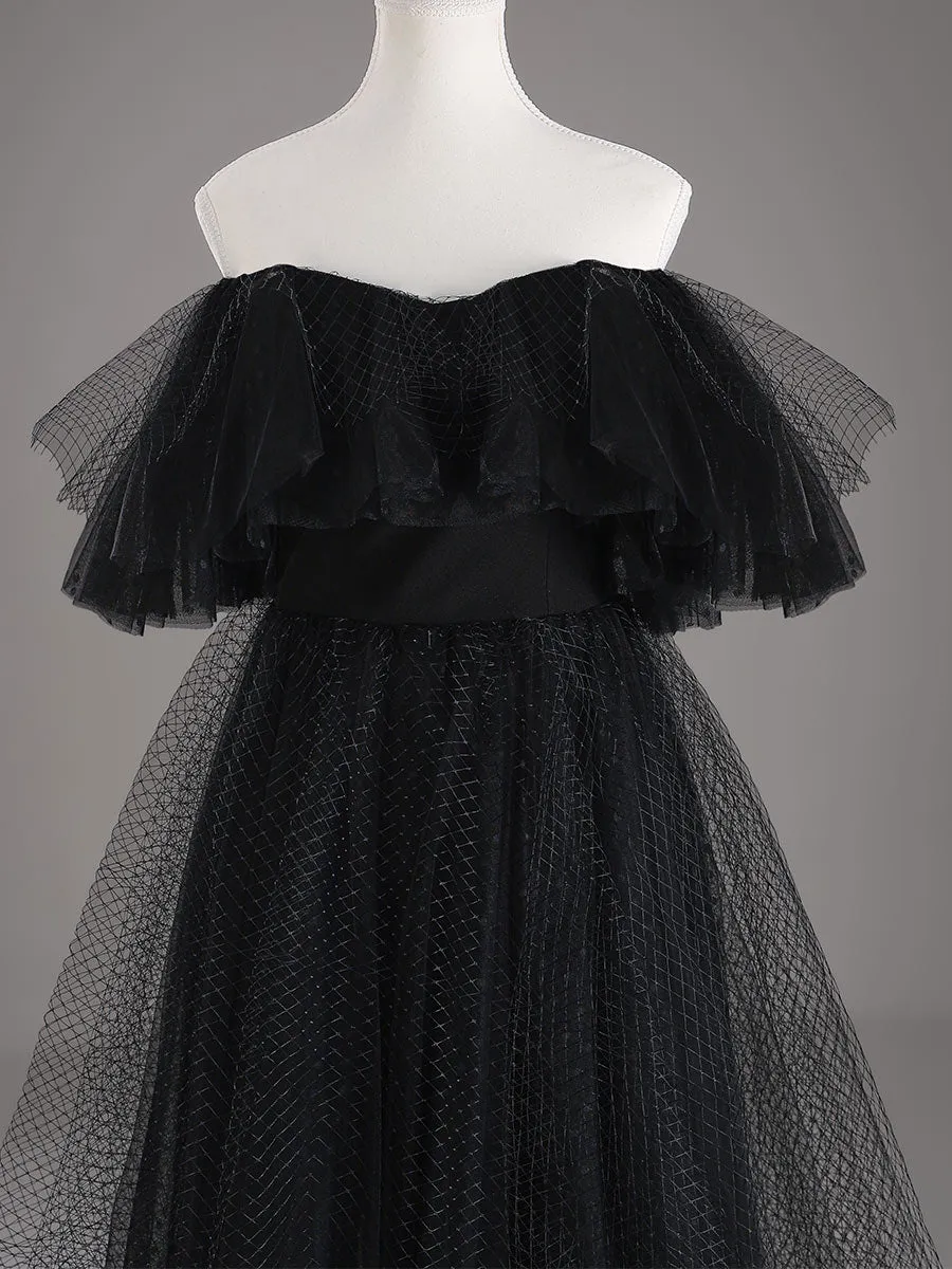 Unique Black Wedding Dresses Mesh Tulle Sleeve flutter Gowns